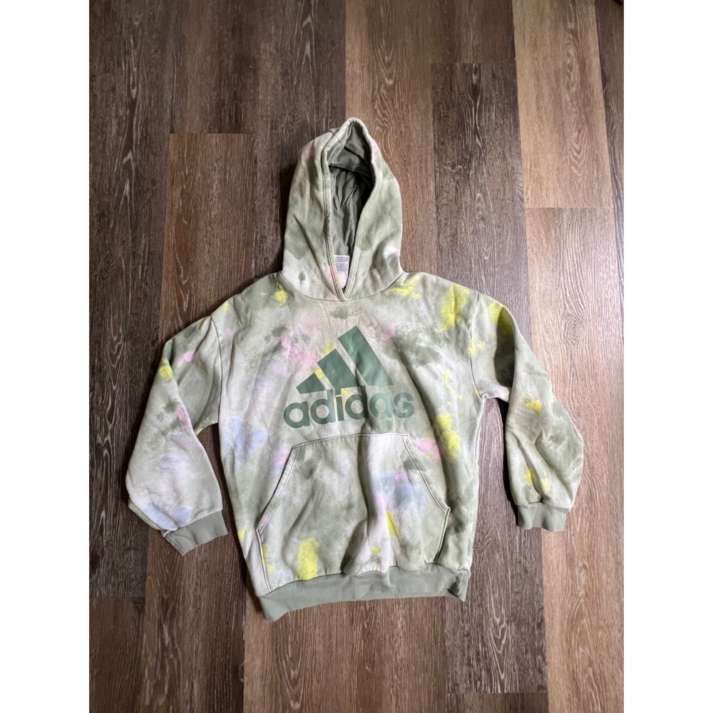 Adidas Hoodie Youth XL Green Tie Dye Good Loose Fit Fleece Logo Sweatshirt